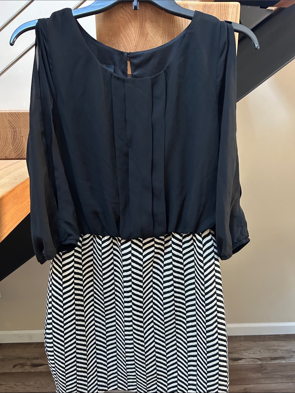 Iz Byer Black Blouse Top with Black-and-White Chevron Skirt